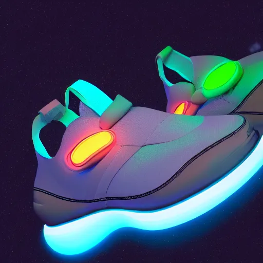 Image similar to high quality Octane 3D render of bioluminescent sneakers floating in space, emissive, bloom, volumetric, ray-tracing, bjork