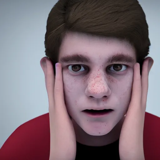 Image similar to caucasian teen suffering from case of extremely bad acne, zits everywhere, acne all over skin, crying face, desperation, anxiety, despair, 4 k, unreal engine 5