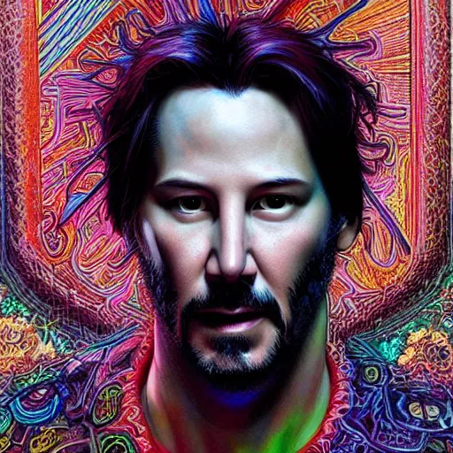 Image similar to portrait of keanu reeves, hyper detailed masterpiece, neon floral pattern, jean giraud, digital art painting, darkwave goth aesthetic, psychedelic, artgerm, donato giancola and tom bagshaw