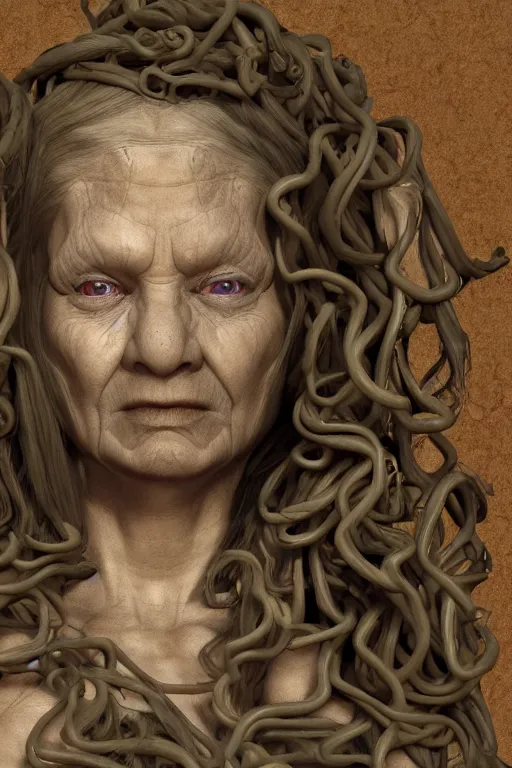 Image similar to portrait of Medusa from Greek mythology, as an old mean woman, with snakes for hair, 3d render, digital art, photo-realistic