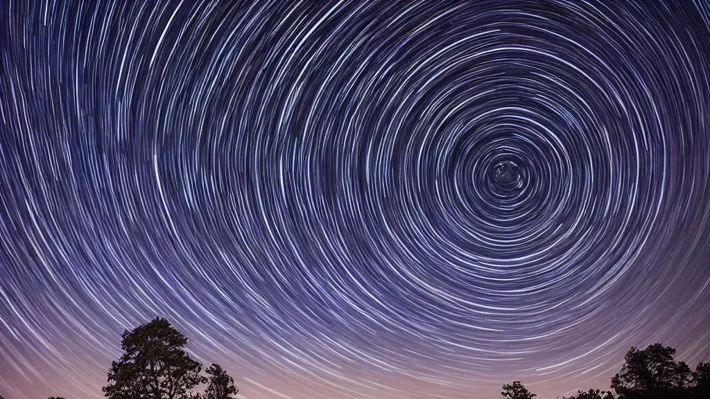 Prompt: The trunks stretch above you, awesome and cradling. The canopy gyres overhead, the intricacy of the leaf capillaries dazzle. Star trails are visible in the black sky. haunted long exposure night time photography in the style of Andreas Ghersky