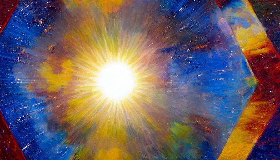 Image similar to the sun being blocked by a hexagon in space, planet earth in the foreground, oil painting