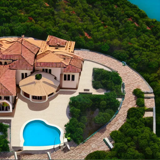 Image similar to design of a luxurious villa on a cliff, aerial view, roman design, ligh brown color scheme, vivid lighting, 4 k