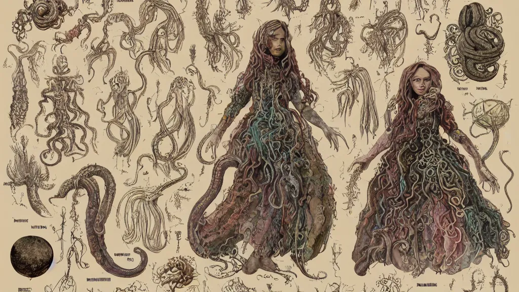 Image similar to aged paper, colorful character sheet for a stocky alien extraterrestrial female servant maid with thick snake - like tentacles instead of hair, long dress with apron, ernst haeckel, coherent, illustration, digital art, trending on artstation, hd, 8 k, good lighting, beautiful, rough paper, masterpiece