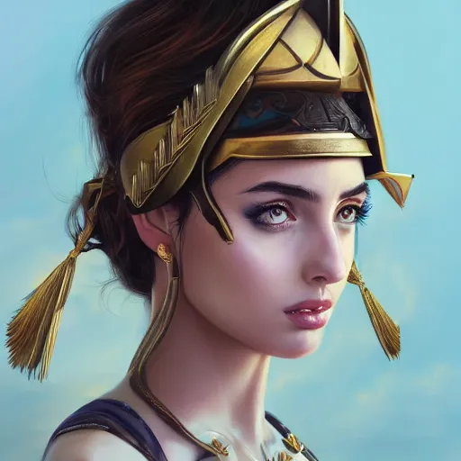 Prompt: portrait of ana de armas as palas athena, the greek goddess of wisdom and war, rossdraws, ilvya kuvshinov, stylized background, matte painting, maya, pixar, artstation, highly detailed, masterpiece, epic