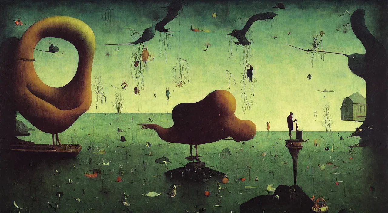 Image similar to single flooded simple!! giant bird, very coherent and colorful high contrast masterpiece by norman rockwell franz sedlacek hieronymus bosch dean ellis simon stalenhag rene magritte gediminas pranckevicius, dark shadows, sunny day, hard lighting