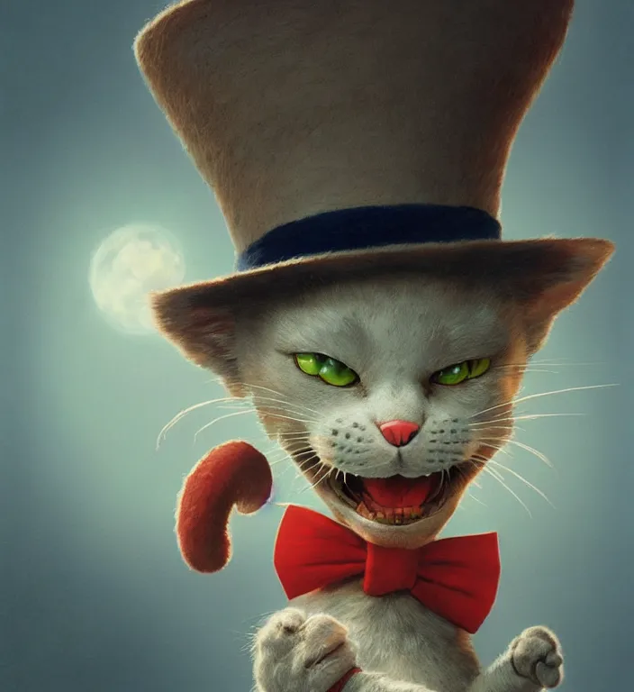 Image similar to complex 3 d render, hyper detailed, ultra sharp, of the cat in the hat, scary, funny, cinematic, natural soft light, rim light, art by greg rutkowski and jean giraud and moebius, dr seuss