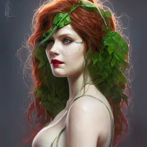 Image similar to a beautiful and detailed matte painting of poison ivy dressed as a hospital nurse, fantasy, d & d, dark eyeliner, intricate, elegant, highly detailed, digital painting, artstation, concept art, matte, sharp focus, illustration, art by greg rutkowski and alphonse mucha