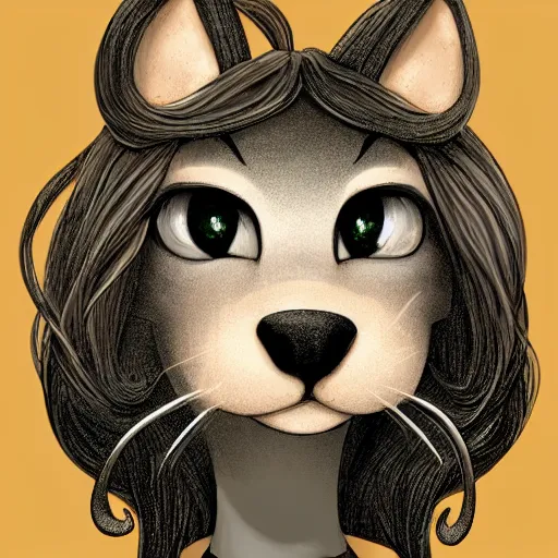 Image similar to headshot of young female furry, D&D, cute, fantasy, intricate, long hair, dark grey skin, mouse face, mouse nose, dark skin, mouse head, mouse ears, black hair, elegant, highly detailed, cartoony, artstation, concept art, smooth, sharp focus, illustration, art by Diives