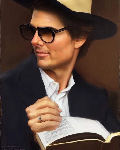 Prompt: Tom Cruise wearing a fedora and reading glasses, oil on canvas, artstation, by J. C. Leyendecker and Edmund Blair Leighton and Charlie Bowater, octane