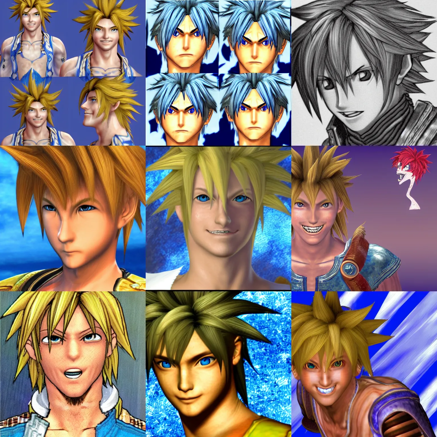 Prompt: distorted smiling tidus from ffx tiny face big hair