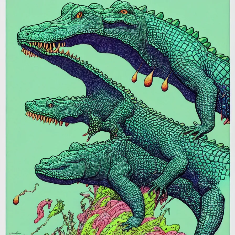 Image similar to ( ( ( ( beautiful crocodile surrounded by decorative frame design ) ) ) ) by mœbius!!!!!!!!!!!!!!!!!!!!!!!!!!!, overdetailed art, colorful, artistic record jacket design