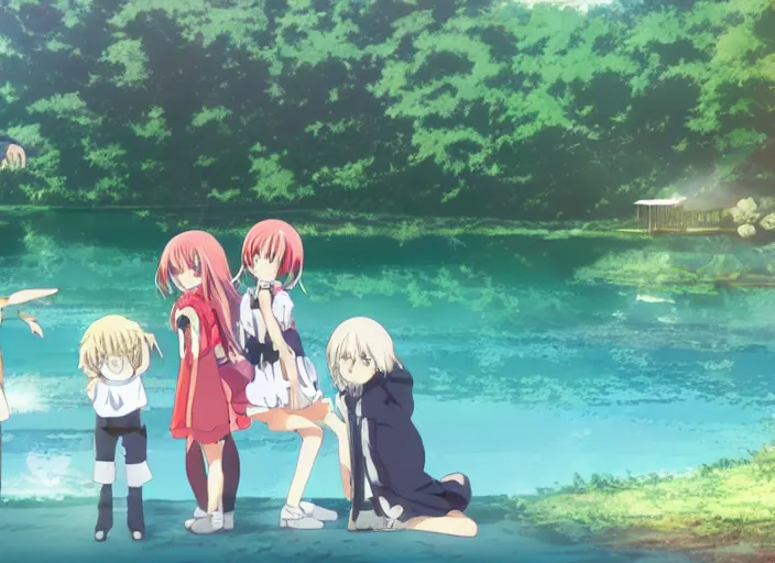 Prompt: anime screenshot pattern, anime family enjoying the scenery of a lake. original cute girl doing cute things / iyashike / slice life gainax 4 k ultrahd award winning