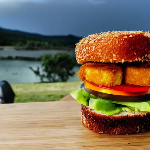 Prompt: one sandwich with fried tofu, one red tomato slice, mayonnaise, one onion ring, avocado, melted cheddar, over a red dish that is on a table, with a sunset and rainbow in the background with saturn and stars in the sky