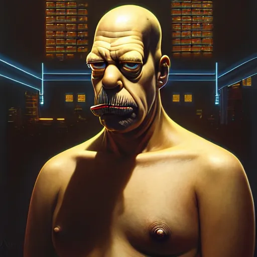 Image similar to portrait painting of cyberpunk homer simpson, ultra realistic, concept art, intricate details, eerie, highly detailed, photorealistic, octane render, 8 k, unreal engine. art by artgerm and greg rutkowski and magali villeneuve and alphonse mucha