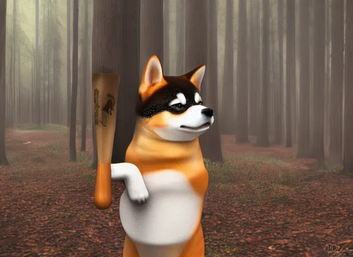 Prompt: digital art of a bodybuilder shiba inu holding a baseball bat in the forest. Dof. Highly detailed 8k, fantasy