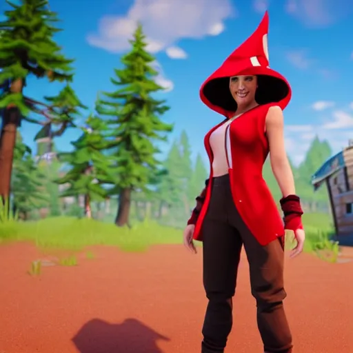 Image similar to a curly haired female wizard wearing a red wizard hat as a fortnite character, screenshot from fortnite, 3 d unreal engine render