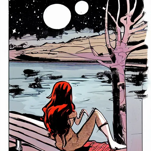 Prompt: a beautiful comic book illustration of a woman with long red hair sitting near a lake at night by darwyn cooke, featured on artstation