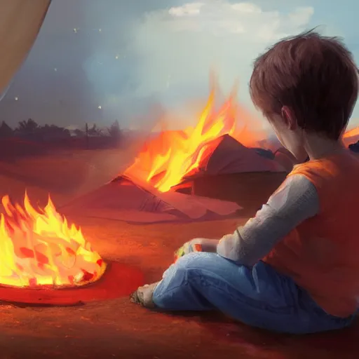 Prompt: child sitting in front of Arabian camp on fire , artstation