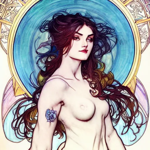 Image similar to in the style of artgerm, arthur rackham, alphonse mucha, phoebe tonkin, symmetrical eyes, symmetrical face, flowing blue skirt, hair blowing, intricate filagree, hidden hands, warm colors, cool offset colors