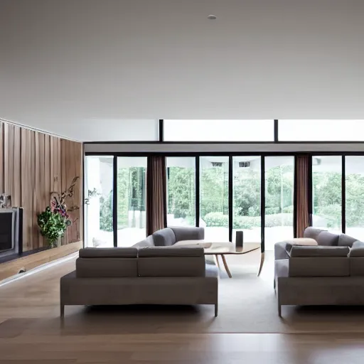 Prompt: A modern living room with a beautiful white marble table between 2 white sofas ,on the left of the living room there are floor to ceiling glass window and on the right of the living room there are wooden stairs to the second floor, 8k resolution, professional interior design photograph, wide angle photograph