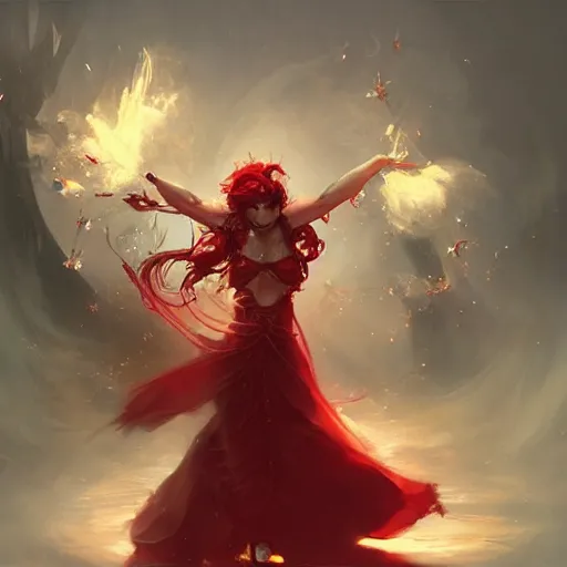 Prompt: a beautiful artwork of a scarlet sorceress performing magic, by raymond swanland and jesper ejsing, featured on art station, lighting study, concept art, beautiful composition, rim light