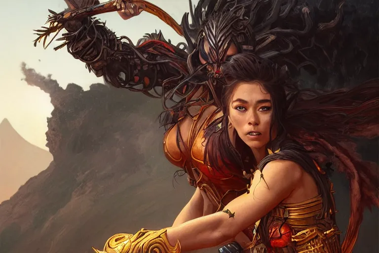 Image similar to An epic fantasy portrait painting of a spider-legged warrior woman with hair spikes, volcano eruption backdrop, illustration, detailed, award-winning, trending on artstation, by artgerm and Greg Rutkowski and Alphonse Mucha