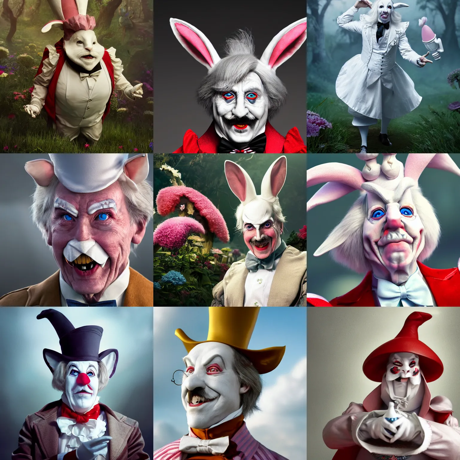 Prompt: John Bolton as the white rabbit from 'Alice in Wonderland', hyper-realistic, sharp focus, highly detailed, depth of field, High definition, 8k, octane render, artstation