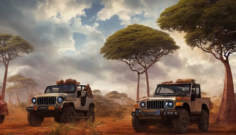 Prompt: mahindra thar driving through madagascar road with baobabs trees, animals running along, tribe members attacking, action scene, an epic fantasy, wide shot, trending on artstation, masterpiece, by greg rutkowski, by ross tran, by fenghua zhong, octane, soft render, ultrarealistic, colorful, cinematic, horizon forbidden west