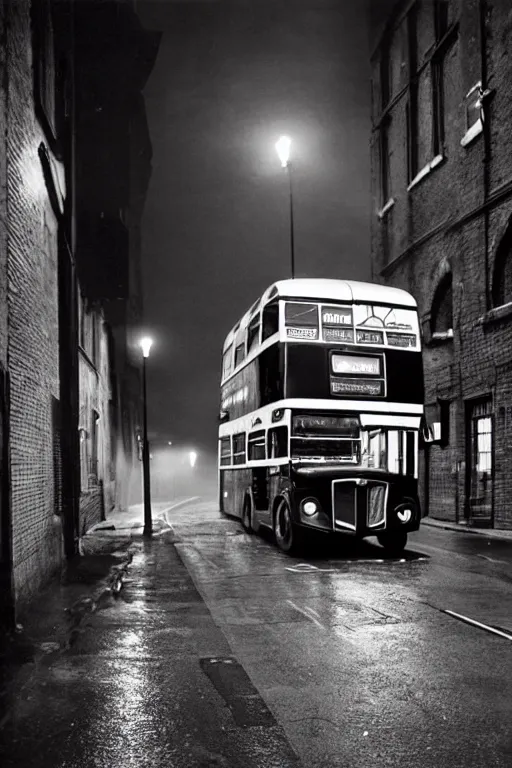 Prompt: a widescreen photo of a old london double - decker bus in a dark alley, low light, by steve mccurry