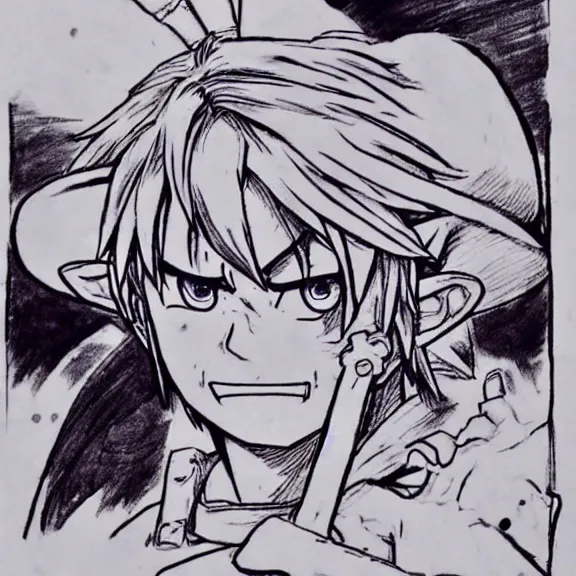 Prompt: link from legend of zelda, drawn by eiichiro oda, one piece, luffy face, portrait, manga