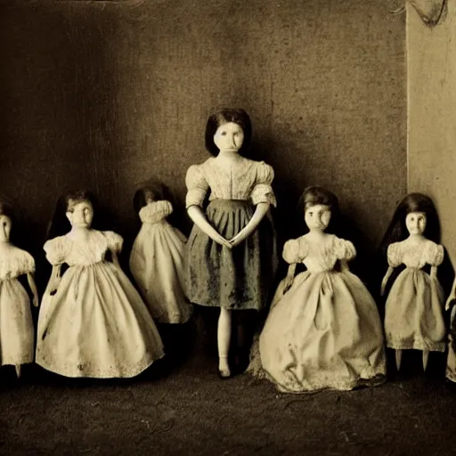 Image similar to 1 8 0 0 s portrait of a girl in a room full of dolls, creepy, historical photograph