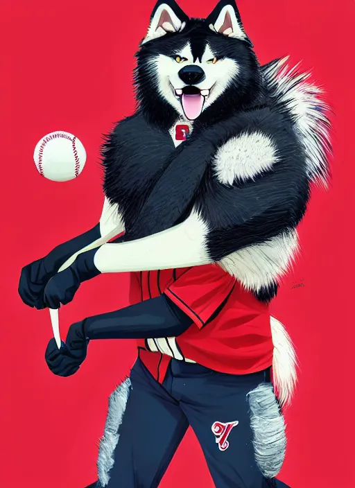 Image similar to commissioned full body portrait of a male anthro aslakan malamute with red fur playing baseball in a baseball stadium wearing a baseball uniform, by a professional manga illustrator, by Kilian Eng, by Sandra Chevrier, trending on artstation