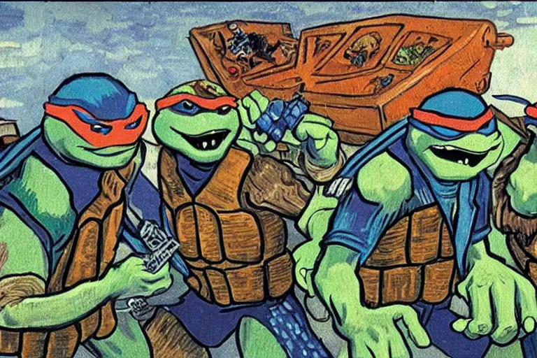 Prompt: teenage mutant ninja turtles meet the beastie boys, painted by vincent van gogh