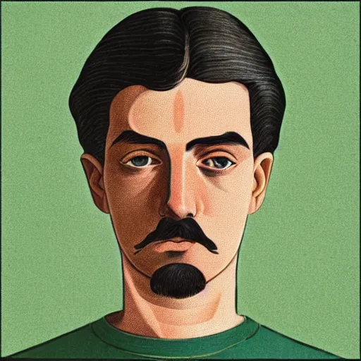 Image similar to young man, long hair, short facial hair, no mustache, dark green eyes, dark eyebrows, light widows peak light facial hair, in the style of mauritz cornelis escher, in - frame