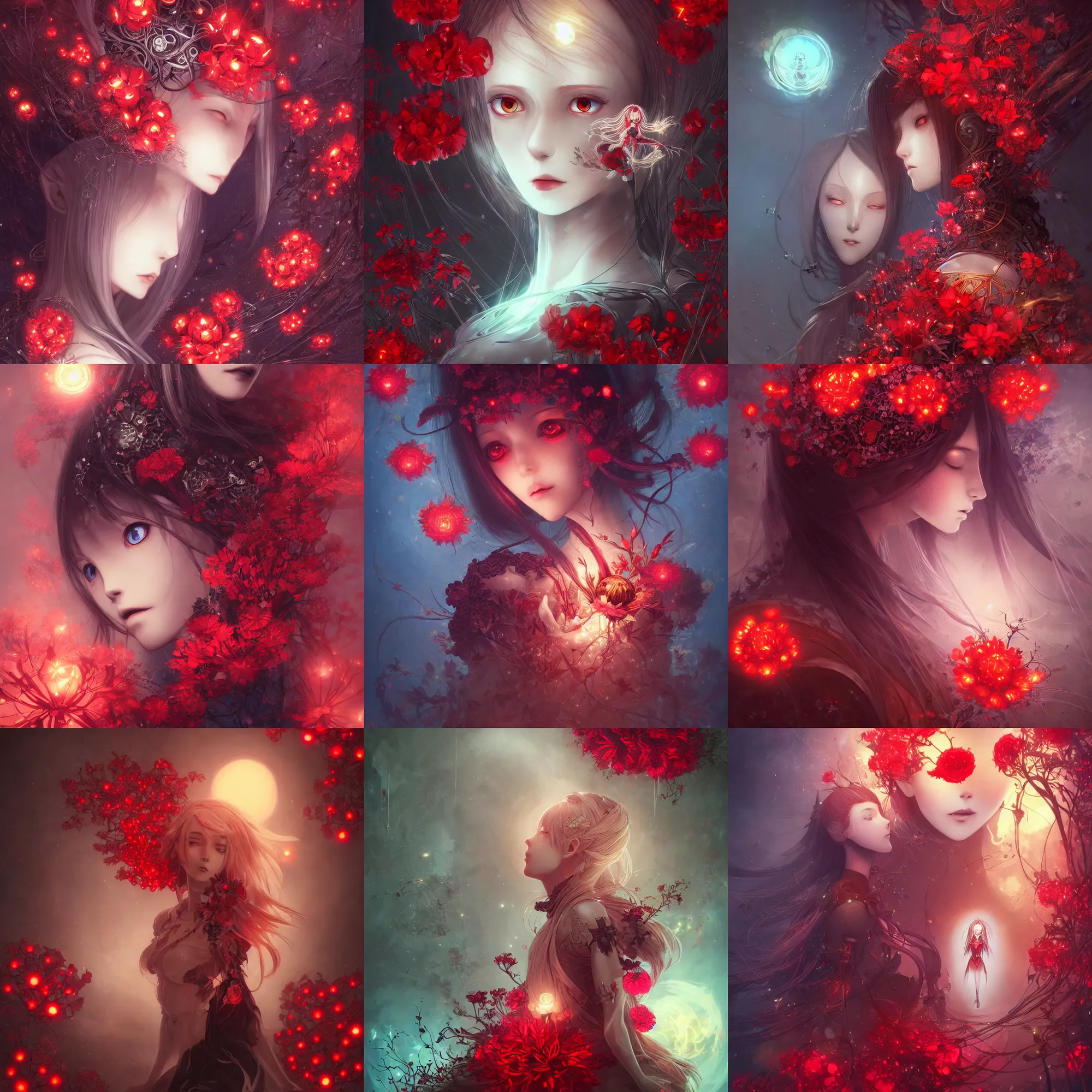 Prompt: detailed, sharp, dreaming humanoid female android wearing gothic ornament surrounded by glowing red flowers floating in above a dystopia by Anna Dittmannand, by hayao miyazaki, digital art. surreal. trending on art station. anime arts. featured on Pixiv, HD, 8K, highly detailed, good lighting. beautiful. epic.