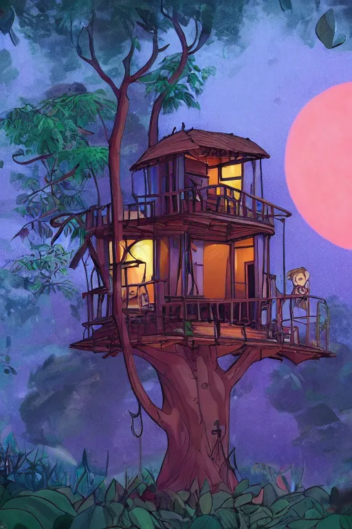 Prompt: a tree house with warm light through the window in the jungle, moonlight, night, by alba ballesta gonzalez. 4 k wallpaper, digital flat 2 d, japan animation, comic book, illustration, cinematic lighting, smooth sharp focus.