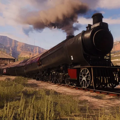 Image similar to futuristic sleek steam locomotive in red dead redemption 2