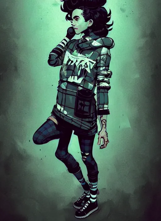 Image similar to highly detailed portrait of a sewer punk lady, tartan hoody, ringlet hair by atey ghailan, by greg rutkowski, by greg tocchini, by james gilleard, by joe fenton, by kaethe butcher, gradient light blue, black, cream and white color scheme, grunge aesthetic!!! ( ( graffiti tag wall background ) )