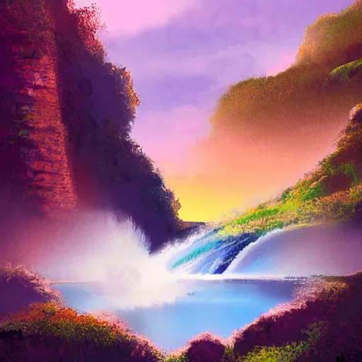 Image similar to beautiful painting of cliffs with waterfall, lake at the bottom of the waterfall, sunset windy evening, studio ghibli, highly detailed digital art