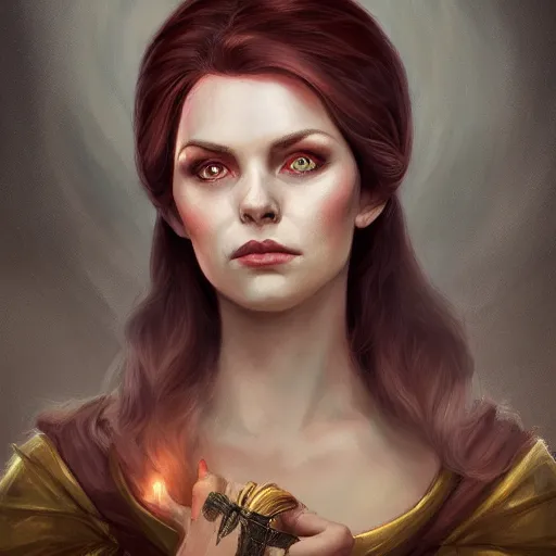 Image similar to a detailed matte head - on portrait painting of an middle - aged tiefling noblewoman with golden eyes and short well kept hair, by charlie bowater, lise deharme, wlop, tending on arstation, dungeons and dragon, dnd, pathfinder, fanart, oil on canvas