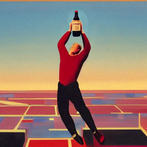 Image similar to artistic rendition of a man jumping in the while holding a bottle, futurism