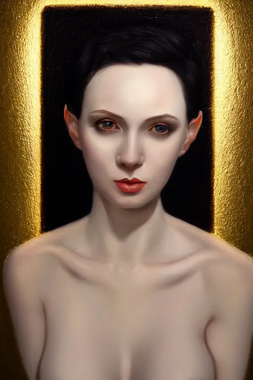 Image similar to Portrait of a beautiful pale skin Nordic female with short black hair, elegant, photorealistic, highly detailed, artstation, smooth, sharp focus, gold ornaments, neon lighting, sci-fi, art by Klimt.