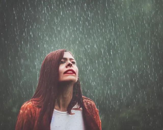 Prompt: woman standing in the rain looking up, long lens, anamorphic, photography