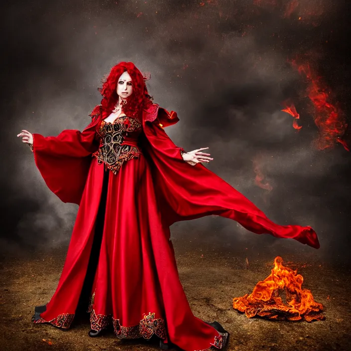 Image similar to full length photo of a very beautiful!! elemental fire witch with ornate red robes, highly detailed, 4 k, hdr, smooth, sharp focus, high resolution, award - winning photo