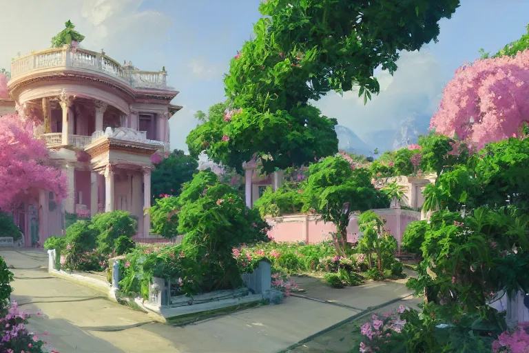 Image similar to green weed grow house, rococo style, greek architecture, pink marble building, marijuana trees, sakura season weed leaves dynamic lighting, landscape, artwork by jeremy lipkin and giuseppe dangelico pino and michael garmash and rob rey and greg manchess and huang guangjian and makoto shinkai, pixiv, 1 0 0 mm