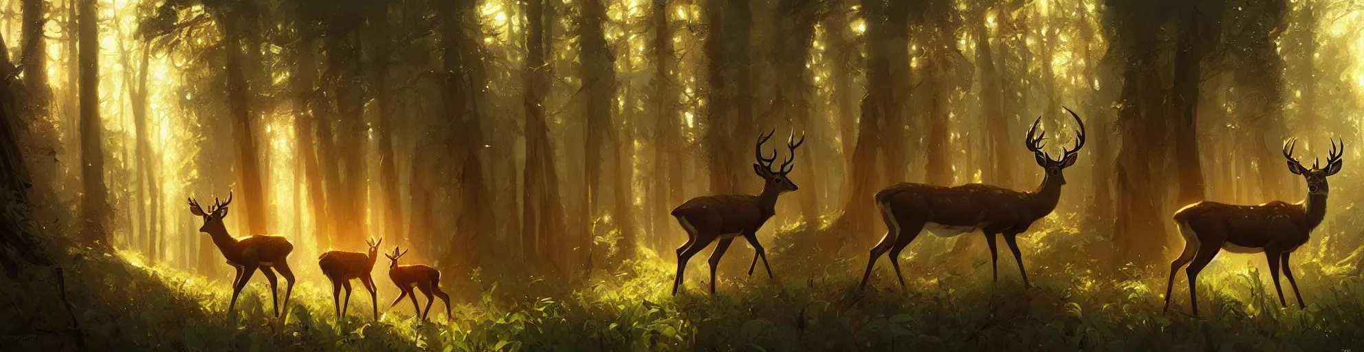 Image similar to Deer in Sherwood Forest, full frame, highly detailed, digital painting, artstation, concept art, smooth, sharp focus, illustration, art greg rutkowski and alphonse mucha