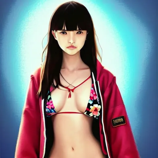Image similar to a beautiful young japanese natalie portman alluring gravure model, stylized concept art, wearing elegant designer bomber jacket and one piece bikini, bomber jacket with mesoamerican patterns, mesoamerican native street fashion, princess mononoke, painted by ilya kuvshinov aesthetic, gorgeous, stunning, alluring, attractive, artstation, pinterest, digital art