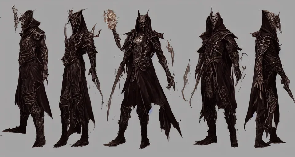 Image similar to A full body portrait character sheet of an evil looking Human sorcerer in Master sorcerer's ornate robes, video game concept art by Wizards of the Coast, Magic The Gathering, Blizzard, Games Workshop, Greg Rutkowski, Craig Mullins, WETA, Elder Scrolls.