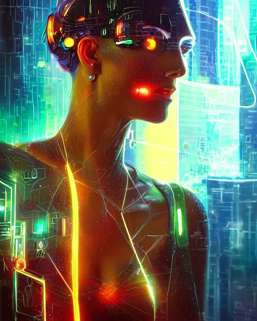Image similar to a cyberpunk close up portrait of cyborg greek goddess, electricity, sparks, bokeh, soft focus, sparkling, glisten, water drops, cold, dark, geometric, temples behind her, by paul lehr, jesper ejsing
